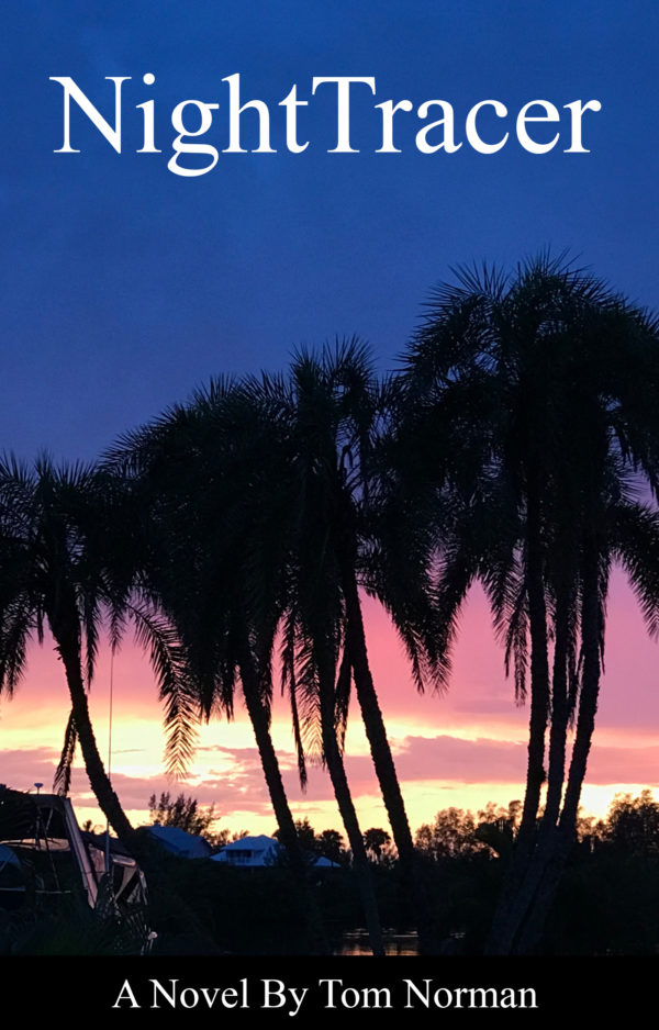NightTracer Book Cover - palm trees with a dark purple and blue sunset silouetting the trees.